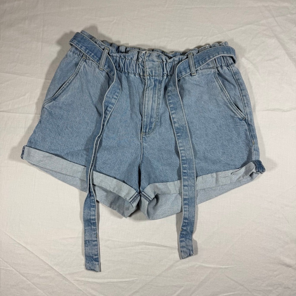 Garage‎ Womens Light Wash Denim Paperbag Waist Belted Cuffed Shorts Blue Size 9